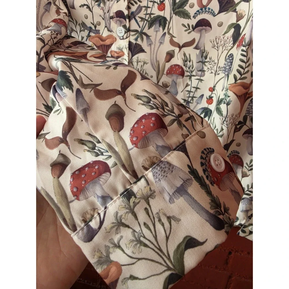 Womens Mushroom Long Sleeve Shirt Cottagecore Forest Boho Graphic Grunge Top S